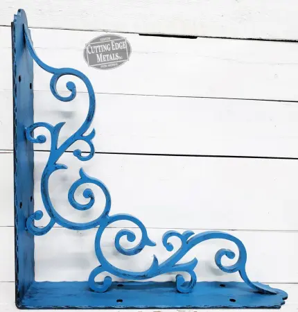 Detail Closeup - Blue Coated L Angle Decorative Scroll Gusset Support Bracket Detail Closeup - Blue Coated L Angle Decorative Scroll Gusset Support Bracket