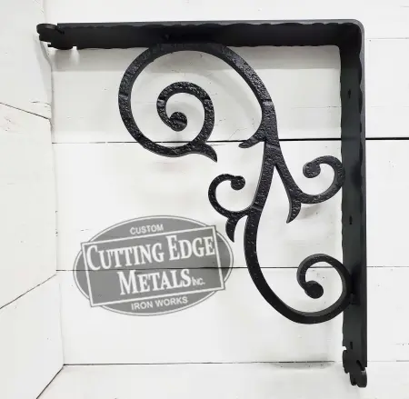 Detail Closeup - Black Coated L Angle Decorative Scroll Gusset Support Bracket Detail Closeup - Black Coated L Angle Decorative Scroll Gusset Support Bracket